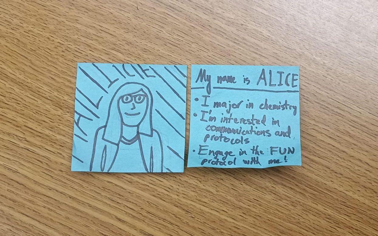 Alice officer card. Name is Alice. Majors in Chemistry. Interested in communications and protocols.