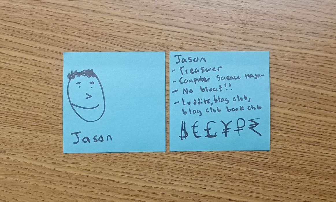 Jason oficer card. Treasurer. Computer Science Major. Hates bloat and is a member of luddite club, blog club and blog club book club. Speaks fluent $€£¥₽₹.